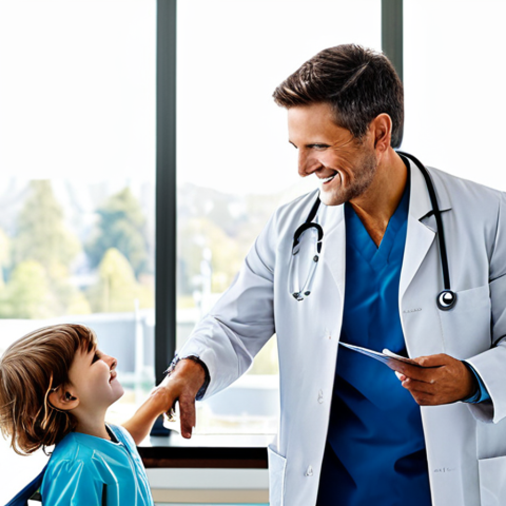**
"A professional doctor in a clean, modern hospital examining room, fully clothed in a white coat and modest medical attire, with a stethoscope around their neck, interacting with a child patient who is also fully clothed and smiling. The background includes medical equipment and a window showing a bright, sunny day. safe for work, appropriate content, professional, family-friendly, perfect anatomy, natural proportions, well-formed hands, proper finger count, natural pose, high resolution, detailed."
**