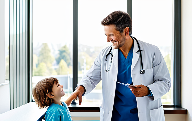 **
"A professional doctor in a clean, modern hospital examining room, fully clothed in a white coat and modest medical attire, with a stethoscope around their neck, interacting with a child patient who is also fully clothed and smiling. The background includes medical equipment and a window showing a bright, sunny day. safe for work, appropriate content, professional, family-friendly, perfect anatomy, natural proportions, well-formed hands, proper finger count, natural pose, high resolution, detailed."
**