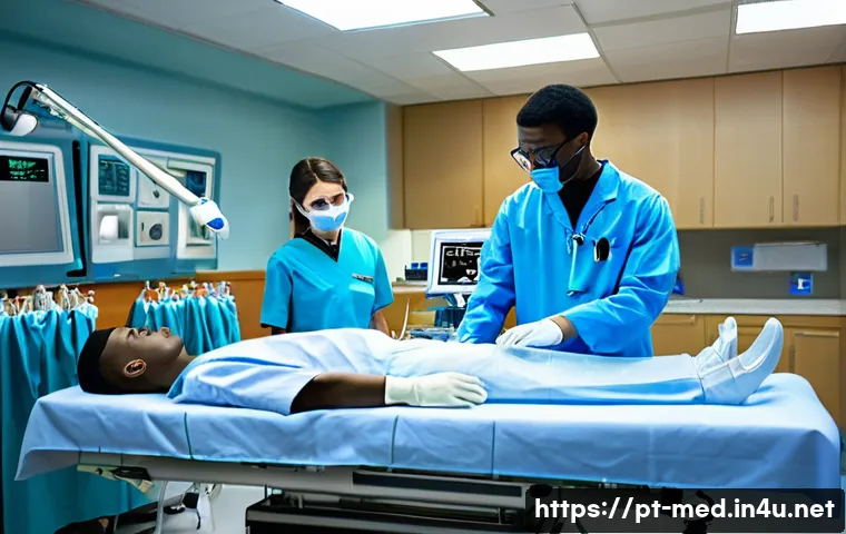 의료 교육 혁신 - **Clinical Simulation in a Modern Medical Lab**: A diverse group of young medical students, comprisi...