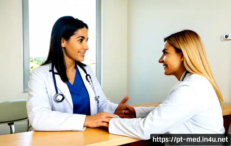 환자권리 보호 - Photorealistic Portuguese-speaking hospital setting, compassionate female doctor and adult patient s...